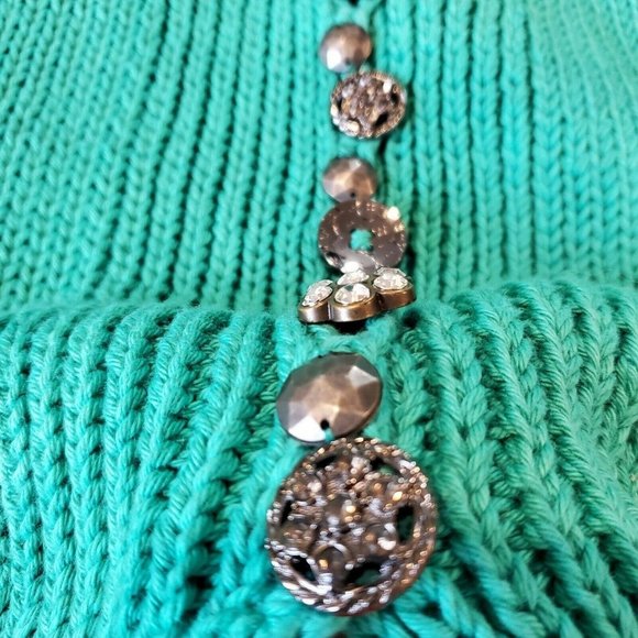 Pure Handknit Green Cardigan Cotton Ornate Buttons Chunky Size M/L - Picture 8 of 11